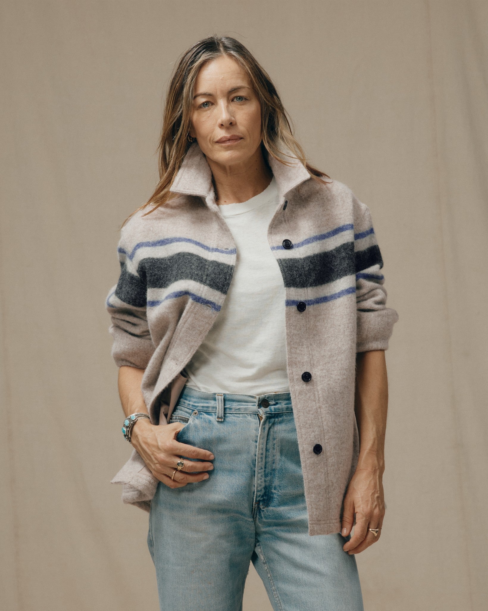 Women's Wool Overshirt - Gray / Black Blanket Stripe - Image 3